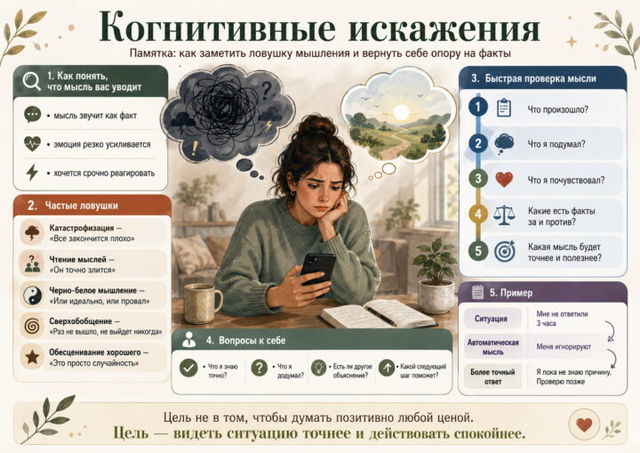 Когнитивные искажения КПТ: как мозг подсовывает убедительные, но неточные мысли